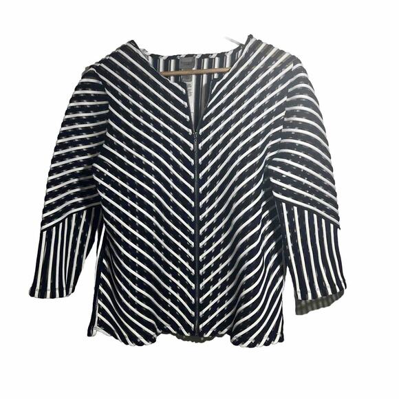 CHICO'S 1 chicos size medium Easywear Navy SHEER MESH STRIPE ZIP UP JACKET - Picture 1 of 10